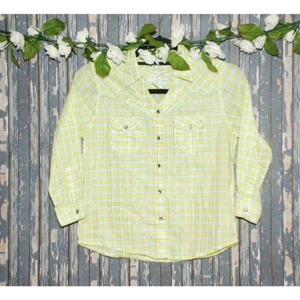 Rock 47 By Wrangler Girls Green Plaid Western Shirt Size XL LS Snap Button Up